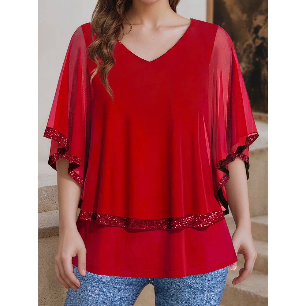 Women's Plus Size Elegant Sequins Blouse Mesh Patchwork Tierred Short Sleeves V-Neck Summer Pullovers Loose Office Lady Blouses
Women's Plus Size Elegant Sequins Blouse Mesh Patchwork Tierred Short Sleeves V-Neck Summer Pullovers Loose Office Lady Blouses