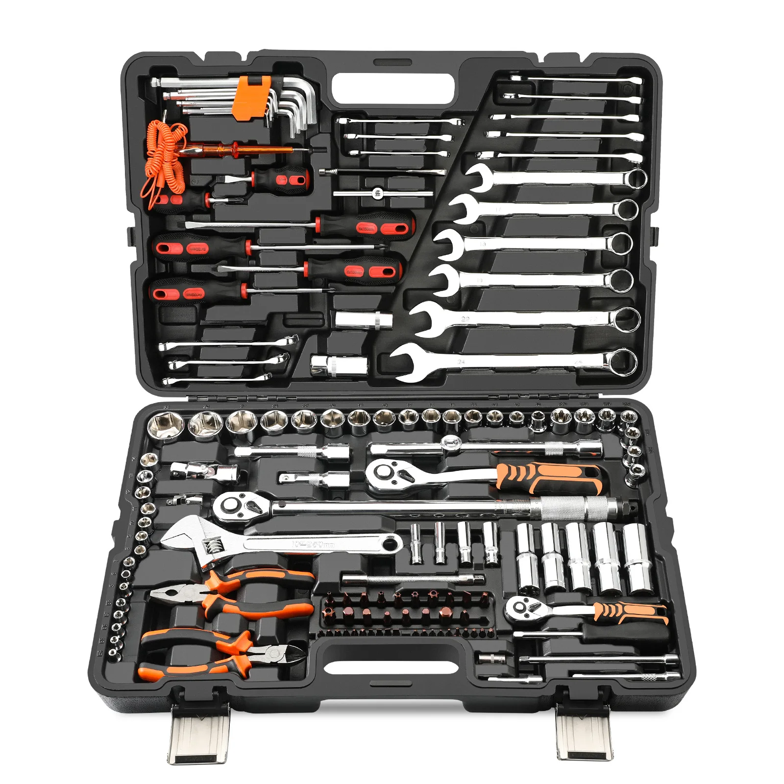 Suitable for 141-piece comprehensive tool set with wrench, pliers, ratchet handle, plastic-sealed black box 
Suitable for 141-piece comprehensive tool set with wrench, pliers, ratchet handle, plastic-sealed black box