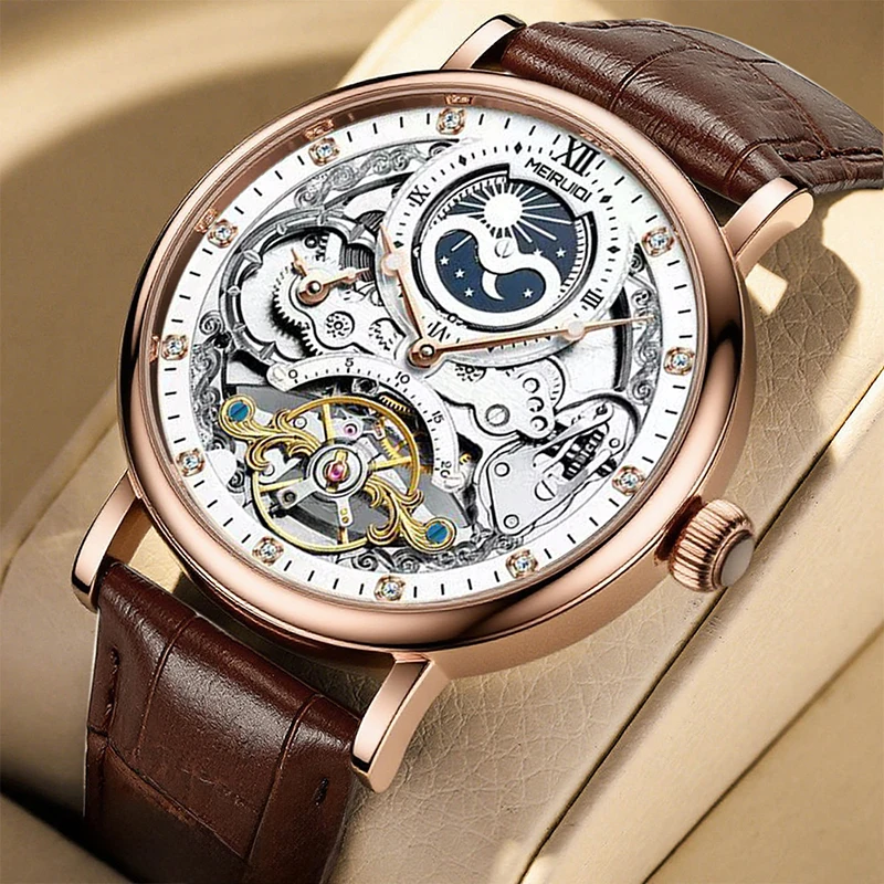 Мужские белые и коричневые часы с ремешком из искусственной кожи, в повседневном стиле, изысканные, с изображением солнца и луны, полностью автоматические, механические.
Мужские белые и коричневые часы с ремешком из искусственной кожи, в повседневном стиле, изысканные, с изображением солнца и луны, полностью автоматические, механические.