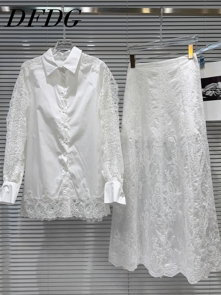 DFDG 2023, весенне-осенняя женская дизайнерская кружевная лоскутная белая блузка из органзы, вязанная крючком длинная юбка, милый элегантный комплект из двух предметов
DFDG 2023, весенне-осенняя женская дизайнерская кружевная лоскутная белая блузка из органзы, вязанная крючком длинная юбка, милый элегантный комплект из двух предметов