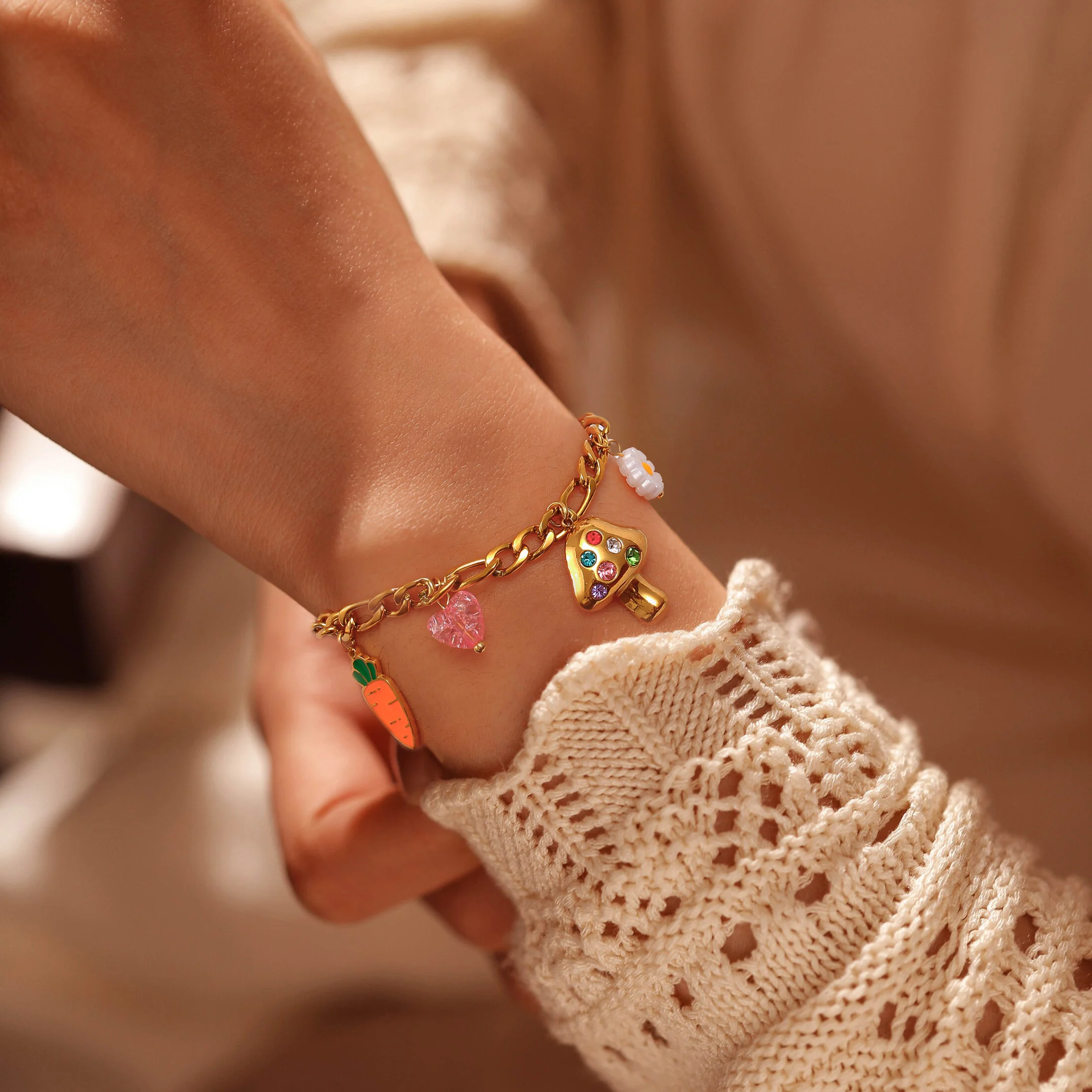 Golden Tone Stainless Steel Mushroom and Vegetable Charm Bracelet with Enamel and Synthetic Zirconia for Women
Golden Tone Stainless Steel Mushroom and Vegetable Charm Bracelet with Enamel and Synthetic Zirconia for Women