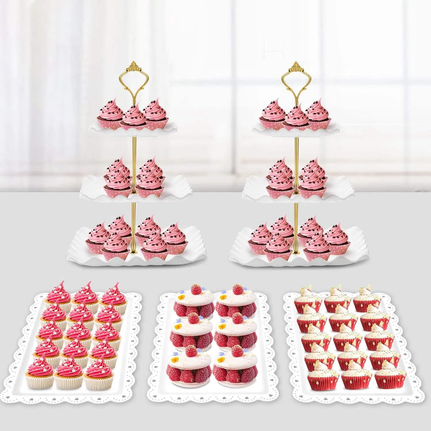 3-Tier Cupcake Stand Set with Serving Trays - 5 Pcs Dessert Display for Tea Party, Baby Shower, Birthday
3-Tier Cupcake Stand Set with Serving Trays - 5 Pcs Dessert Display for Tea Party, Baby Shower, Birthday