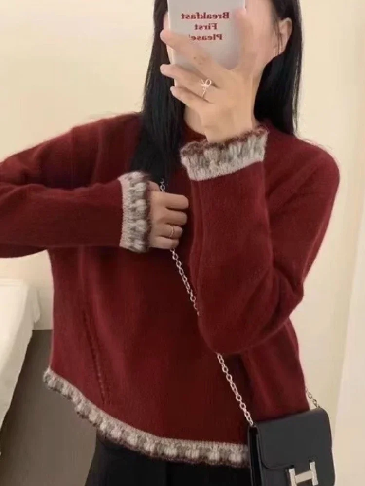 2025 Autumn Winter O-Neck Long Sleeve Splicing Tops Korean Contrast Color Lace Knitting Pullovers Women's Sweater Y2K Clothing 
2025 Autumn Winter O-Neck Long Sleeve Splicing Tops Korean Contrast Color Lace Knitting Pullovers Women's Sweater Y2K Clothing