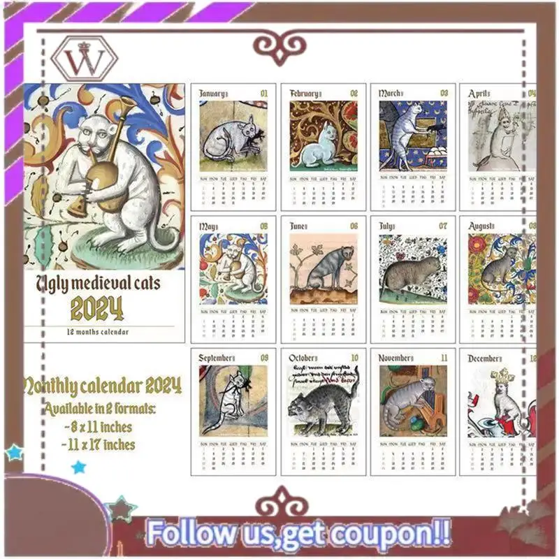 ABBG-1 PCS Weird Medieval Cats Calendar Funny Weird Medieval Cat Calendar 2024 Cat Walk Weird Medieval Calendar Paper
ABBG-1 PCS Weird Medieval Cats Calendar Funny Weird Medieval Cat Calendar 2024 Cat Walk Weird Medieval Calendar Paper