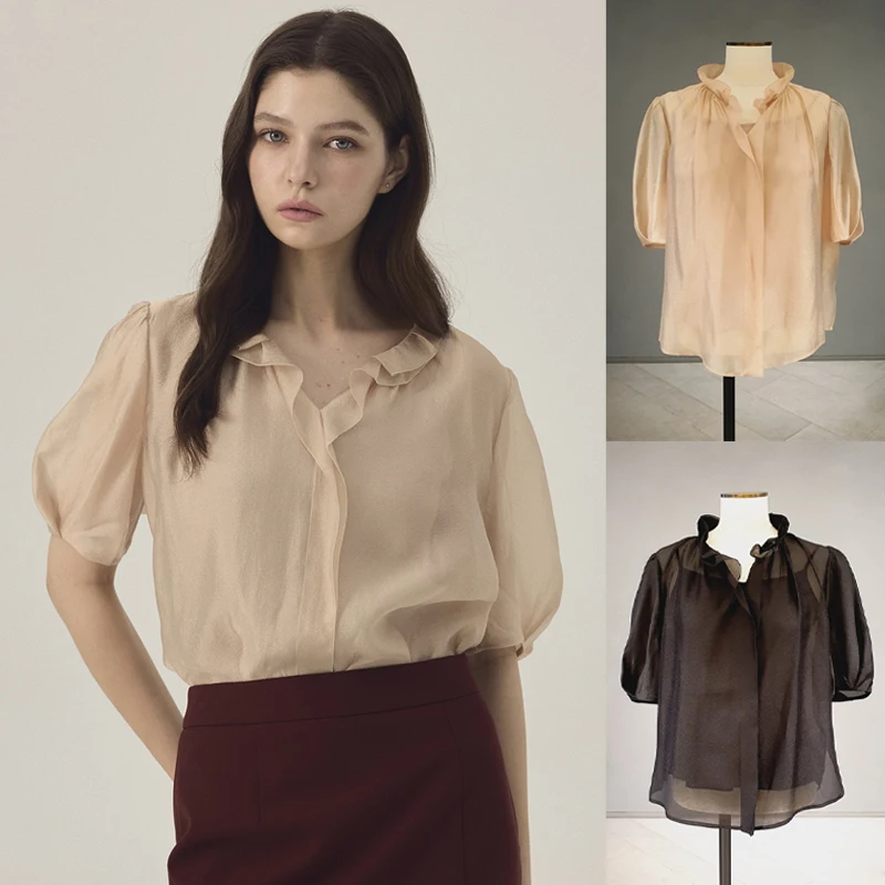 Ele MICOAT Summer irt with Pearl Glossy Ruffle Collar Bubble Sve Women's Matching Strap French Sle Loose Fit Breat...
Ele MICOAT Summer irt with Pearl Glossy Ruffle Collar Bubble Sve Women's Matching Strap French Sle Loose Fit Breat...