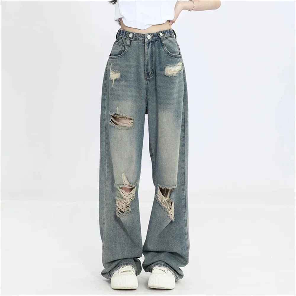 American Retro Hole-Punched Jeans Women High Waist Straight-Crotch Loose Slim Design High-Street Wide-Legged Dragging Denim Pant
American Retro Hole-Punched Jeans Women High Waist Straight-Crotch Loose Slim Design High-Street Wide-Legged Dragging Denim Pant