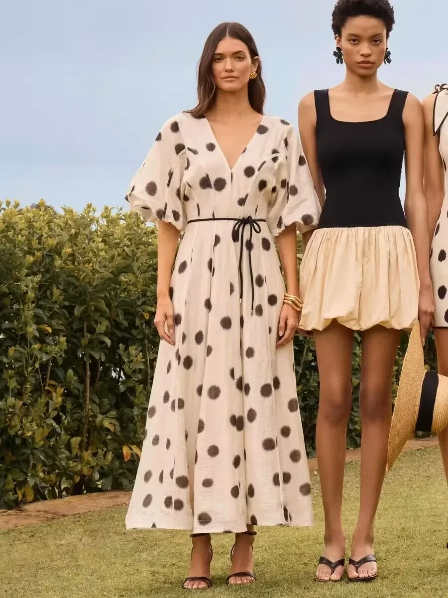 Women Dot Print long dress Lace-up Waist V-Neck Puff Sleeve Big Swing Loose Elegant Ladies Maxi Dress
Women Dot Print long dress Lace-up Waist V-Neck Puff Sleeve Big Swing Loose Elegant Ladies Maxi Dress