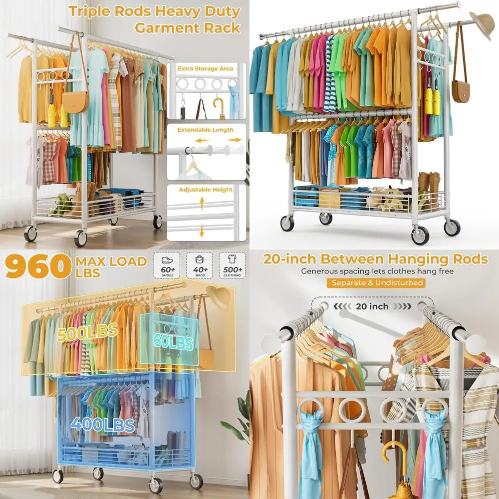 Портативная регулируемая усиленная вешалка для одежды на 3 вешалки, грузоподъемность 960 фунтов, белая
Портативная регулируемая усиленная вешалка для одежды на 3 вешалки, грузоподъемность 960 фунтов, белая