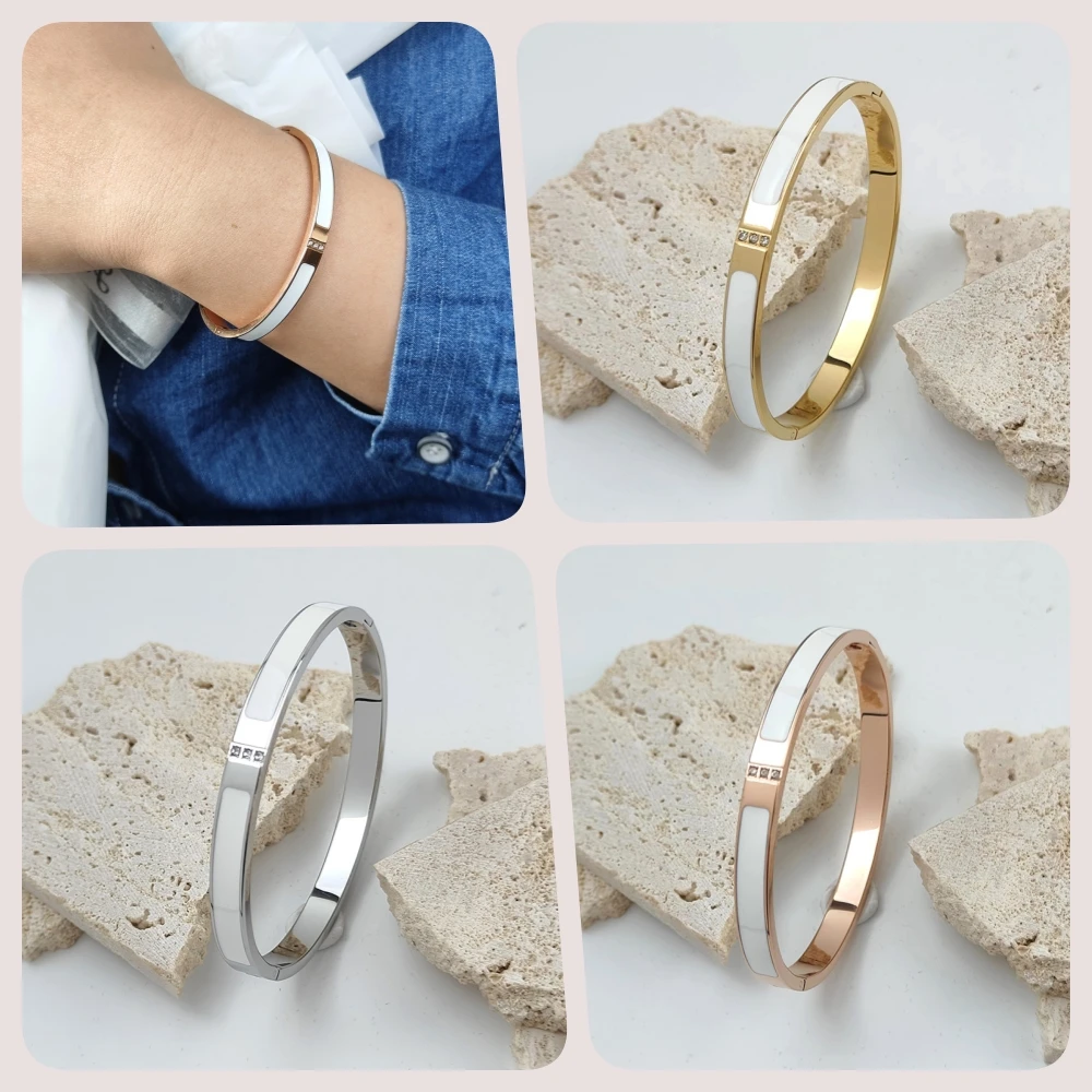 Fashion White Enamel Bangle for Women Stainless Steel Metal Inlaid Zircon Bracelets Luxury Gold Plated Jewelry Mother's Day Gift
Fashion White Enamel Bangle for Women Stainless Steel Metal Inlaid Zircon Bracelets Luxury Gold Plated Jewelry Mother's Day Gift