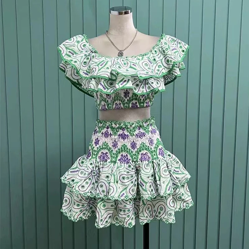High Quality French Hollow Out 2 Piece Sets Women Outfit Lady Ruffle Edge Lace Top + High Waist Skirt Two Piece Suits For Women
High Quality French Hollow Out 2 Piece Sets Women Outfit Lady Ruffle Edge Lace Top + High Waist Skirt Two Piece Suits For Women