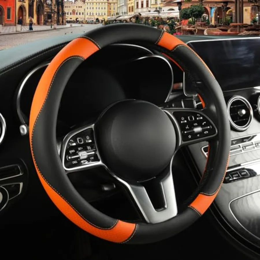 Leather Steering Wheel Cover, Breathable, Anti Slip Odor Free, Black and Orange
Leather Steering Wheel Cover, Breathable, Anti Slip Odor Free, Black and Orange
