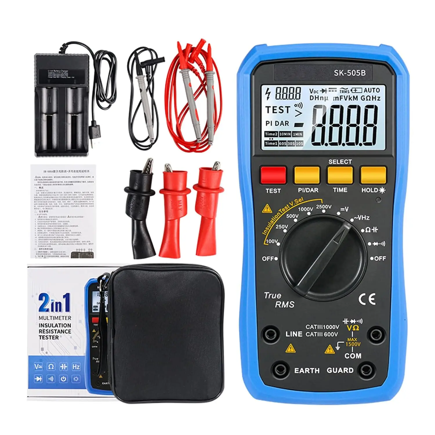 Lithium Megohmmeter 50V-2500V Test Voltage Guard Terminal PI DAR Test for Motor Cable Solar Inspect IEC61010 CAT IV Certified
Lithium Megohmmeter 50V-2500V Test Voltage Guard Terminal PI DAR Test for Motor Cable Solar Inspect IEC61010 CAT IV Certified