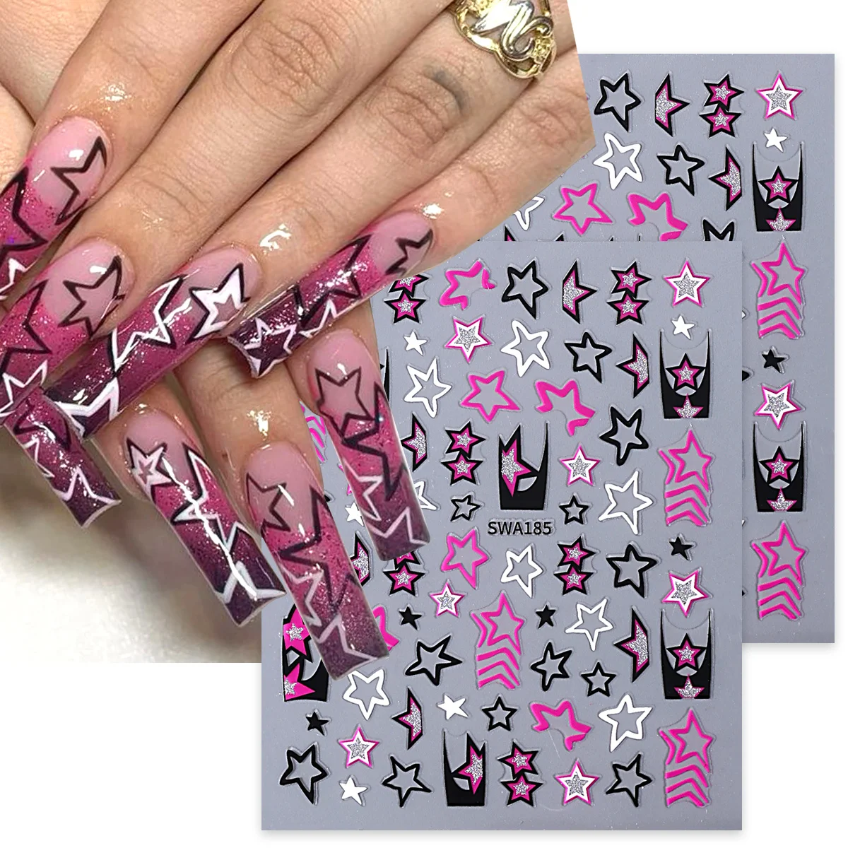 2pcs Y2K Pink Hollow Star Nail Stickers Reflective Silver Glitter Starry French Adhesive Decals Neon Black Liner Manicure Decor
2pcs Y2K Pink Hollow Star Nail Stickers Reflective Silver Glitter Starry French Adhesive Decals Neon Black Liner Manicure Decor