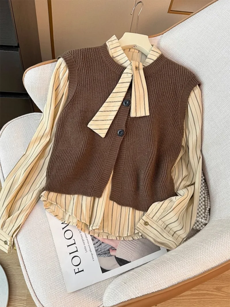 Stand Neck Contrast Color Stripe Single-breasted Shirts Top Suit +sleeveless Knit Vest Outfits Vintage Set Women 2 Pieces Y2k
Stand Neck Contrast Color Stripe Single-breasted Shirts Top Suit +sleeveless Knit Vest Outfits Vintage Set Women 2 Pieces Y2k