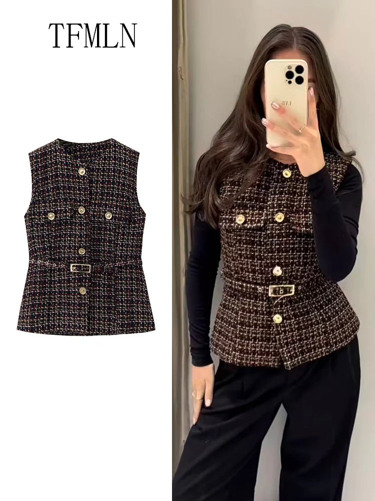 Fashion Women Sleeveless Tweed Texture Vest Casual Slim Waistcoat Women Button Pockets With Belt Chic Top Single Breasted Coats
Fashion Women Sleeveless Tweed Texture Vest Casual Slim Waistcoat Women Button Pockets With Belt Chic Top Single Breasted Coats