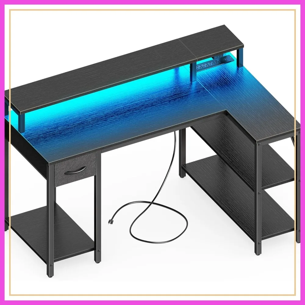 47" L Shaped Gaming Desk with LED Lights & Power Outlets, Reversible Corner Desk with Shelves & Monitor Stand, Drawer, Black
47" L Shaped Gaming Desk with LED Lights & Power Outlets, Reversible Corner Desk with Shelves & Monitor Stand, Drawer, Black