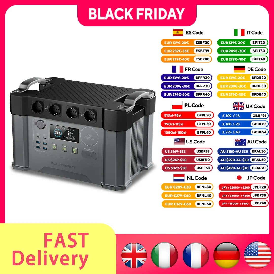 ALLPOWERS S2000 PRO Power station 2400W(Peak 4000W)Solar Generator 1451WH Power Supply with UPS for Camping Home Use Emergency
ALLPOWERS S2000 PRO Power station 2400W(Peak 4000W)Solar Generator 1451WH Power Supply with UPS for Camping Home Use Emergency