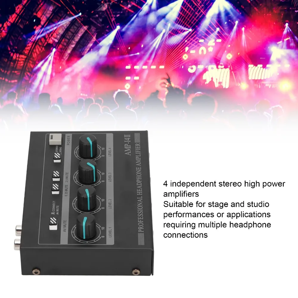 4 Channel 8 Outputs AMP‑14II Headphone Amplifier Multiple Inputs (for RCA/3.5mm/6.35mm) 4 Channel Headphone Amplifier
4 Channel 8 Outputs AMP‑14II Headphone Amplifier Multiple Inputs (for RCA/3.5mm/6.35mm) 4 Channel Headphone Amplifier