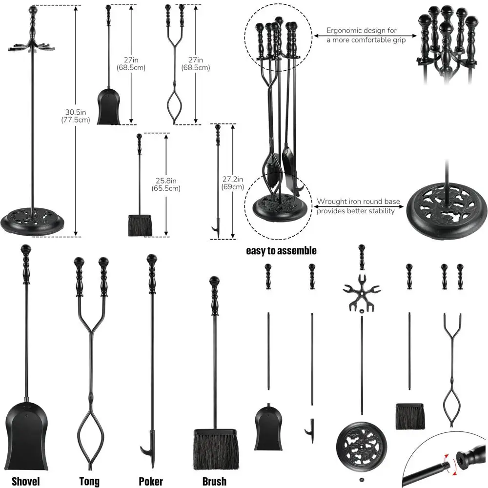 Black Wrought Iron Fireplace Tool Set with Holder - 5 Piece Firewood Accessories Kit for Indoor Use
Black Wrought Iron Fireplace Tool Set with Holder - 5 Piece Firewood Accessories Kit for Indoor Use