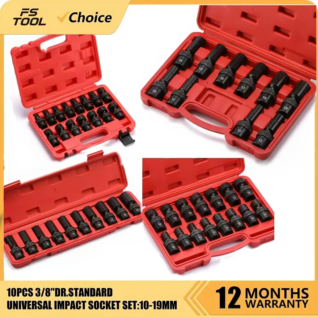 DDHOME 10pcs/15pcs 1/2"Drive& 3/8"Drive Deep Standard Universal Impact Socket Set, 6 Point, Deep, CR-MO, Metric, 10mm-19mm, Swivel Socket With Flexible Wobble, 3/8"Drive Flexible Wobble Socket Set, With A Heavy Duty Blow Molded Storage Case
DDHOME 10pcs/15pcs 1/2"Drive& 3/8"Drive Deep Standard Universal Impact Socket Set, 6 Point, Deep, CR-MO, Metric, 10mm-19mm, Swivel Socket With Flexible Wobble, 3/8"Drive Flexible Wobble Socket Set, With A Heavy Duty Blow Molded Storage Case