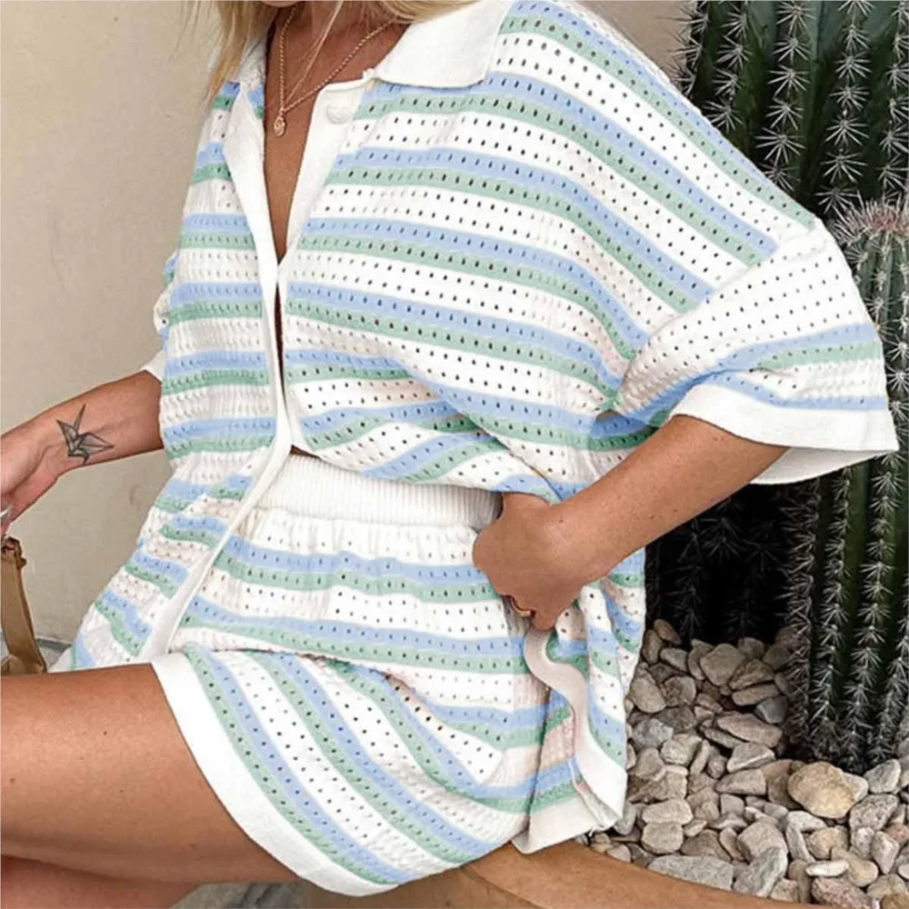 Knitted Women Two Piece Shorts Outfits Loungewear Suits Stripe Contrast Color Button Crochet Tops and Shorts Matching Sets 2-pcs
Knitted Women Two Piece Shorts Outfits Loungewear Suits Stripe Contrast Color Button Crochet Tops and Shorts Matching Sets 2-pcs