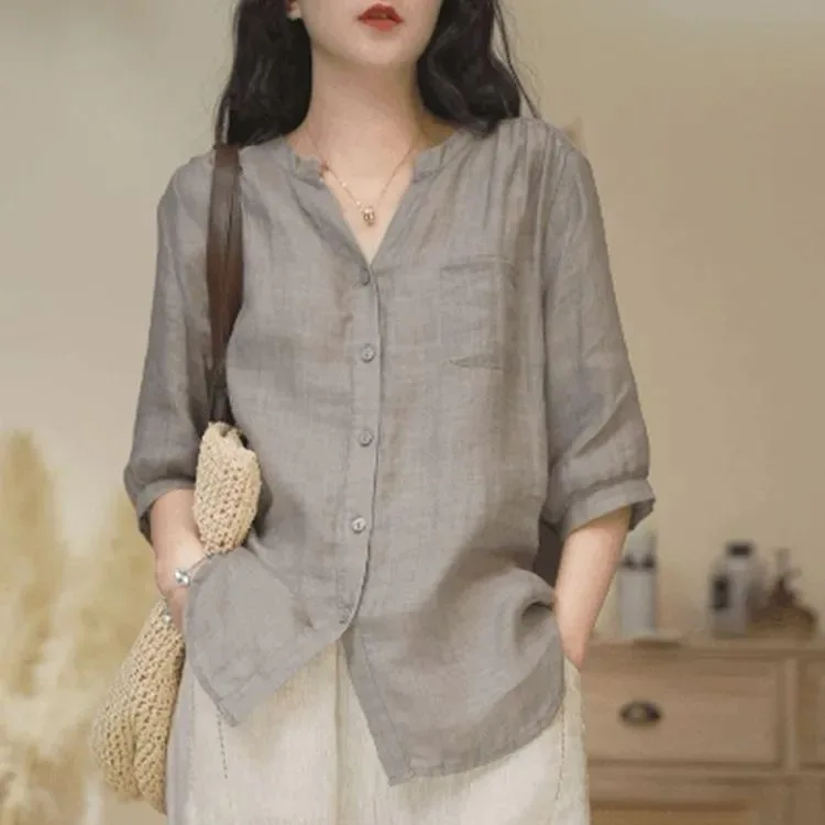 New Summer Loose Fit Pure Color Stripe Linen Shirt Five Sleeve Slimming Midi Length Fashionable Small Top for Women
New Summer Loose Fit Pure Color Stripe Linen Shirt Five Sleeve Slimming Midi Length Fashionable Small Top for Women