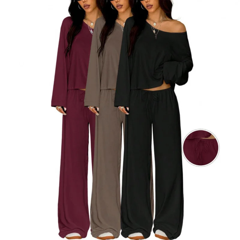 Casual Solid Color One-Shoulder Off-Shoulder Top Wide-Leg Trousers Two-Piece Set Loose Comfortable Lazy Style Home Suit
Casual Solid Color One-Shoulder Off-Shoulder Top Wide-Leg Trousers Two-Piece Set Loose Comfortable Lazy Style Home Suit