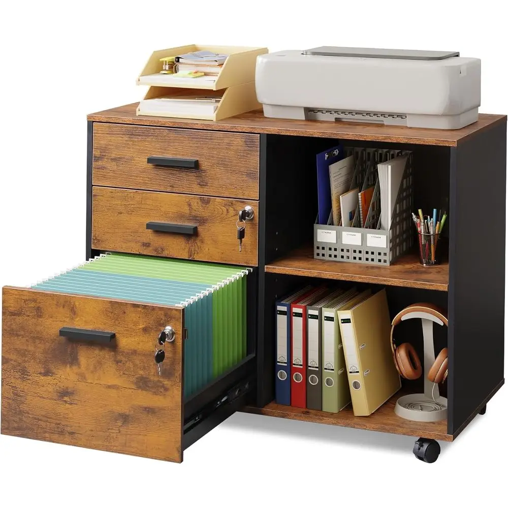 Rustic Brown 3-Drawer Wood Cabinet with Lock, Mobile Filing Storage, Printer Stand and Open Shelves for Home Office
Rustic Brown 3-Drawer Wood Cabinet with Lock, Mobile Filing Storage, Printer Stand and Open Shelves for Home Office