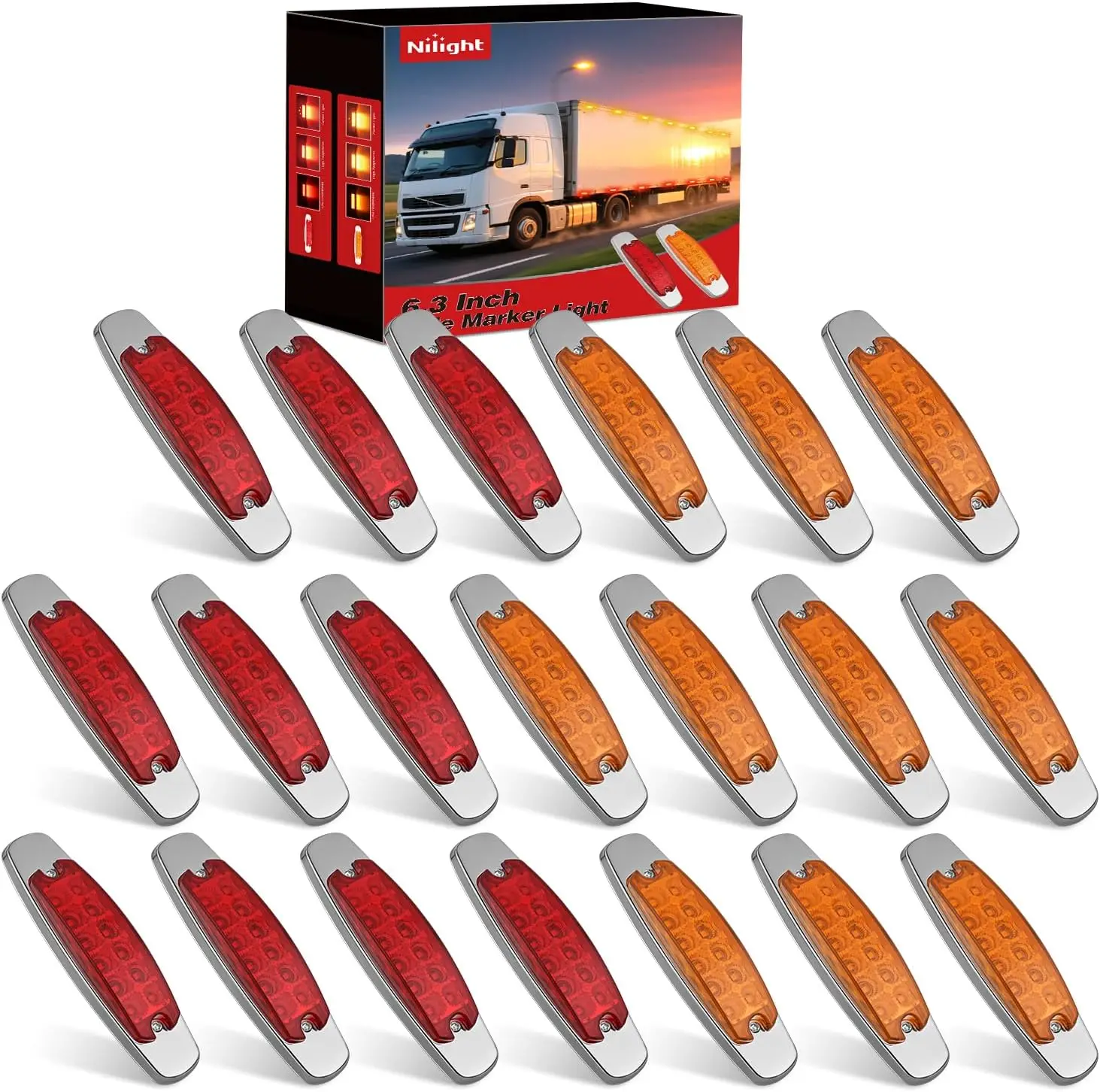 Nilight 20 Pack 6.3 Inch Rectangle Amber Red Side Marker Lights 12 LED 3 Functions (High/Low/Strobe) IP67 Waterproof Stainless Steel Chrome Bezel 12V Surface Mount for Truck Trailer RV SUV Boat
Nilight 20 Pack 6.3 Inch Rectangle Amber Red Side Marker Lights 12 LED 3 Functions (High/Low/Strobe) IP67 Waterproof Stainless Steel Chrome Bezel 12V Surface Mount for Truck Trailer RV SUV Boat