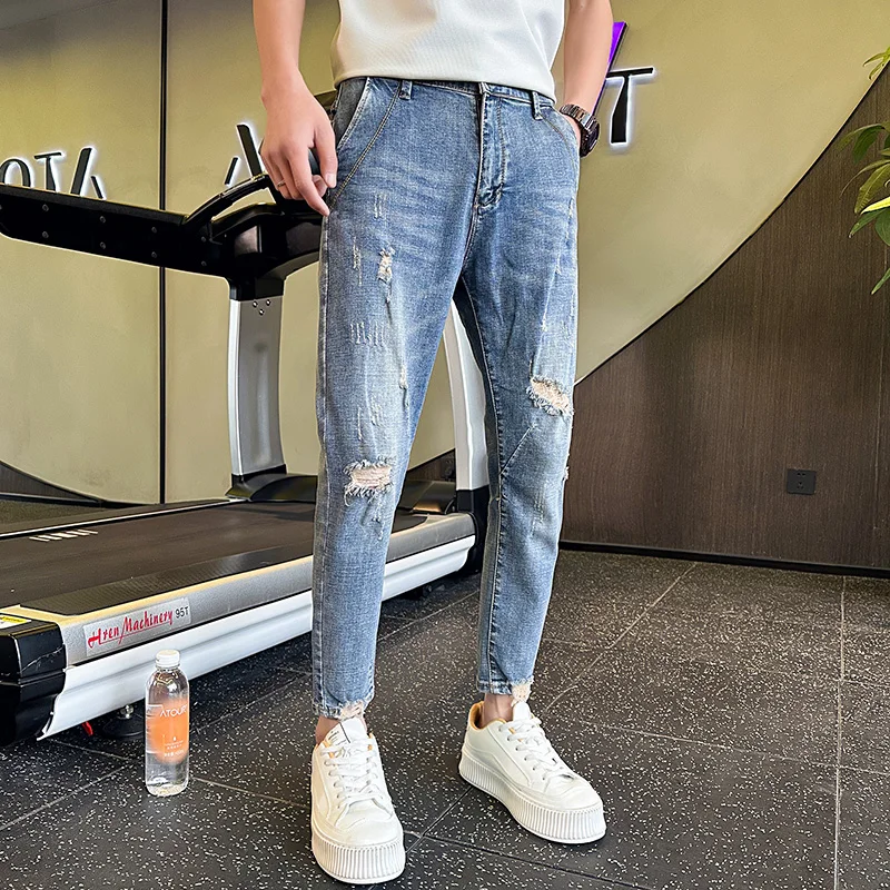 Small Size Men's Distred Denim Jeans mid Waist Slim Fit Nine Point Pants Casual Cotton Polyester Blend Summer Faion
Small Size Men's Distred Denim Jeans mid Waist Slim Fit Nine Point Pants Casual Cotton Polyester Blend Summer Faion