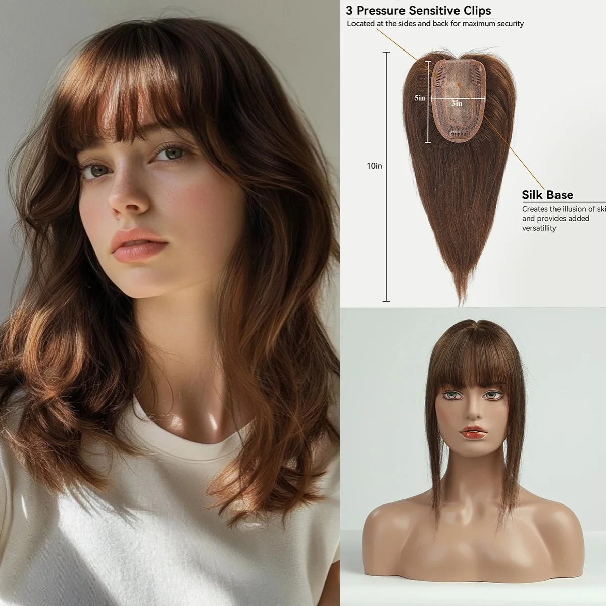 Коричневые топперы из натуральных волос с челкой, шелковая основа, заколки в шиньонах, настоящий топпер из человеческих волос Remy для женщин с филировочными волосами, парики
Коричневые топперы из натуральных волос с челкой, шелковая основа, заколки в шиньонах, настоящий топпер из человеческих волос Remy для женщин с филировочными волосами, парики