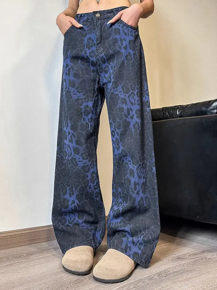 Retro American Blue Leopard Print Jeans Women's High Waist Straight Loose Casual Wide Leg Pants Summer High Street Design
Retro American Blue Leopard Print Jeans Women's High Waist Straight Loose Casual Wide Leg Pants Summer High Street Design