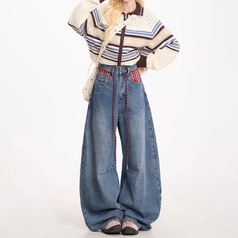 Drawstring high-waisted design with plaid patchwork, lace-up curved hem pants, vintage blue straight-leg jeans, wide-leg floor-l
Drawstring high-waisted design with plaid patchwork, lace-up curved hem pants, vintage blue straight-leg jeans, wide-leg floor-l