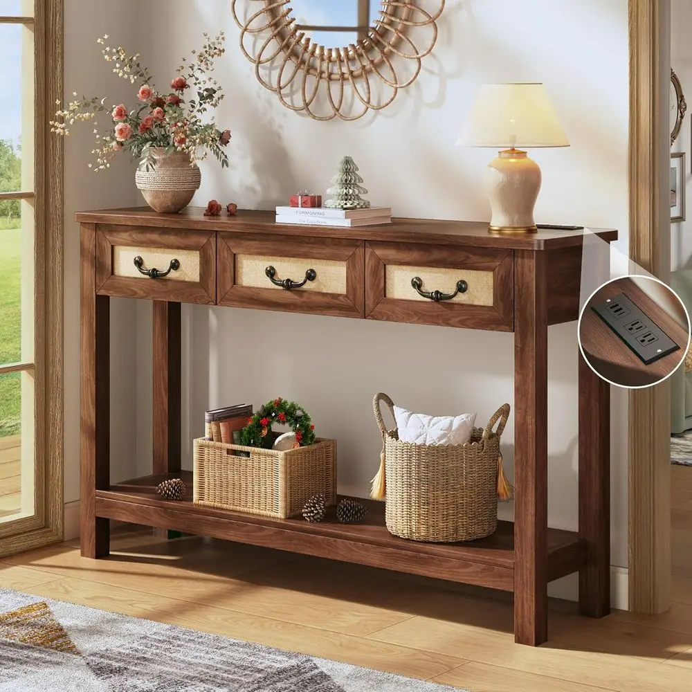 47.2" Console Table with 3 Rattan Drawers, Long Sofa Table with Storage Behind Couch, Farmhouse Entryway Table, Walnut
47.2" Console Table with 3 Rattan Drawers, Long Sofa Table with Storage Behind Couch, Farmhouse Entryway Table, Walnut