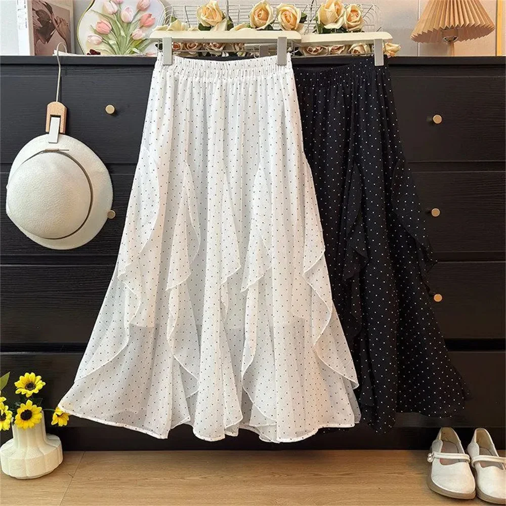 Chiffon Irregular Ruffle Edge Polka Dot Skirt Office Ladies Simple Casual Black White Long Skirts Women Korean Pleated Skirt
Chiffon Irregular Ruffle Edge Polka Dot Skirt Office Ladies Simple Casual Black White Long Skirts Women Korean Pleated Skirt