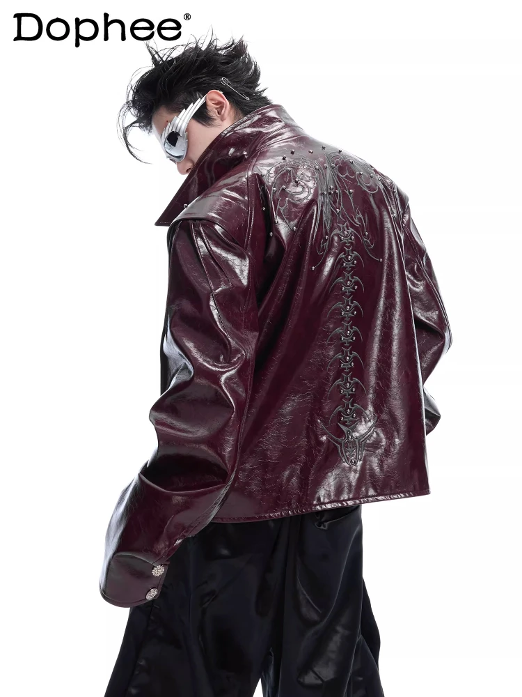 Rivet Embroidered Spine Leather Jackets Glossy Long Sleeve Fashion Coats Men's 2025 Spring New Lapel Zipper Faux Leather Jacket
Rivet Embroidered Spine Leather Jackets Glossy Long Sleeve Fashion Coats Men's 2025 Spring New Lapel Zipper Faux Leather Jacket