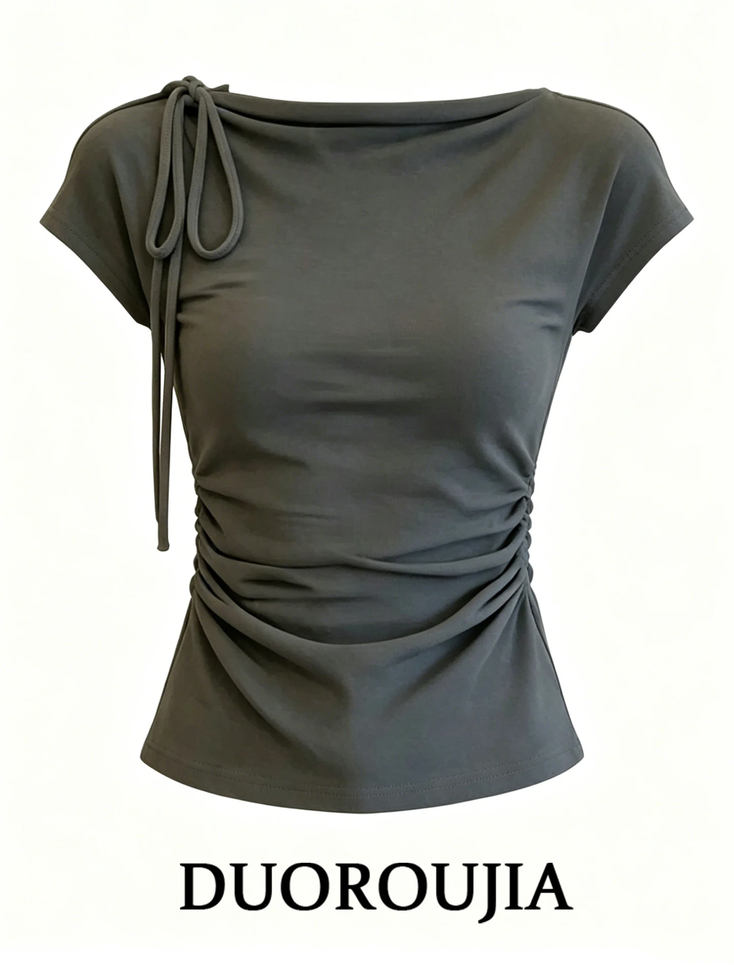 Duor plus Size Women's Short Sleeve T-Shirt Grey Folded Waist Design Summer Slimming Belted Short Length Korean Style Top
Duor plus Size Women's Short Sleeve T-Shirt Grey Folded Waist Design Summer Slimming Belted Short Length Korean Style Top