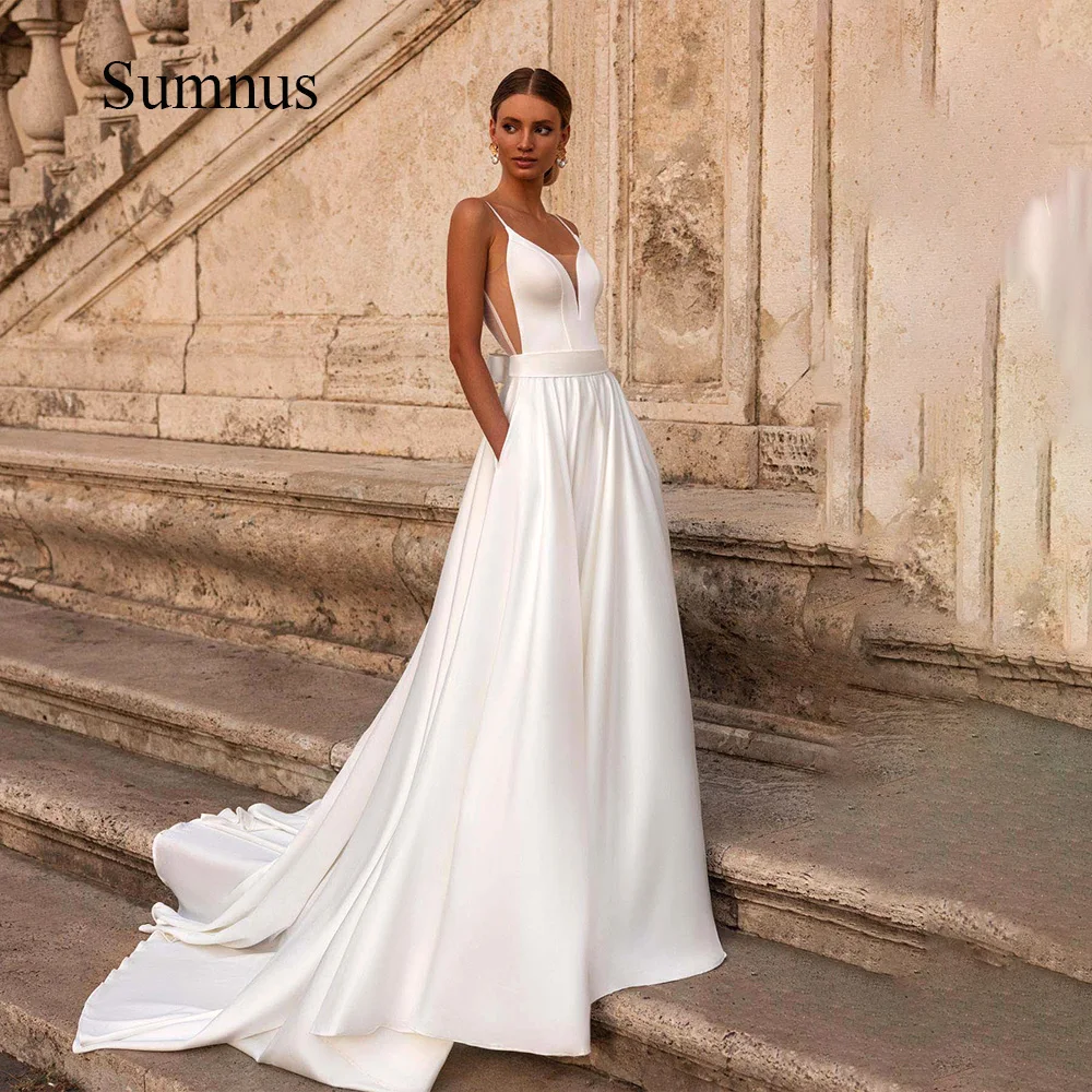 Sumnus Iovry Satin A Line Wedding Dresses With Pockets Spaghetti Straps Simple Bride Dress Cheap Civil Bridal Gowns Sweep Train
Sumnus Iovry Satin A Line Wedding Dresses With Pockets Spaghetti Straps Simple Bride Dress Cheap Civil Bridal Gowns Sweep Train