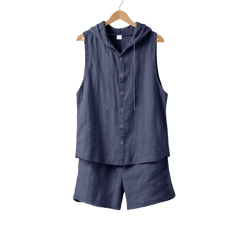Summer loose-fit linen casual minimalist hooded sleeveless shirt and shorts two-piece set, men's hoodie suit.
Summer loose-fit linen casual minimalist hooded sleeveless shirt and shorts two-piece set, men's hoodie suit.