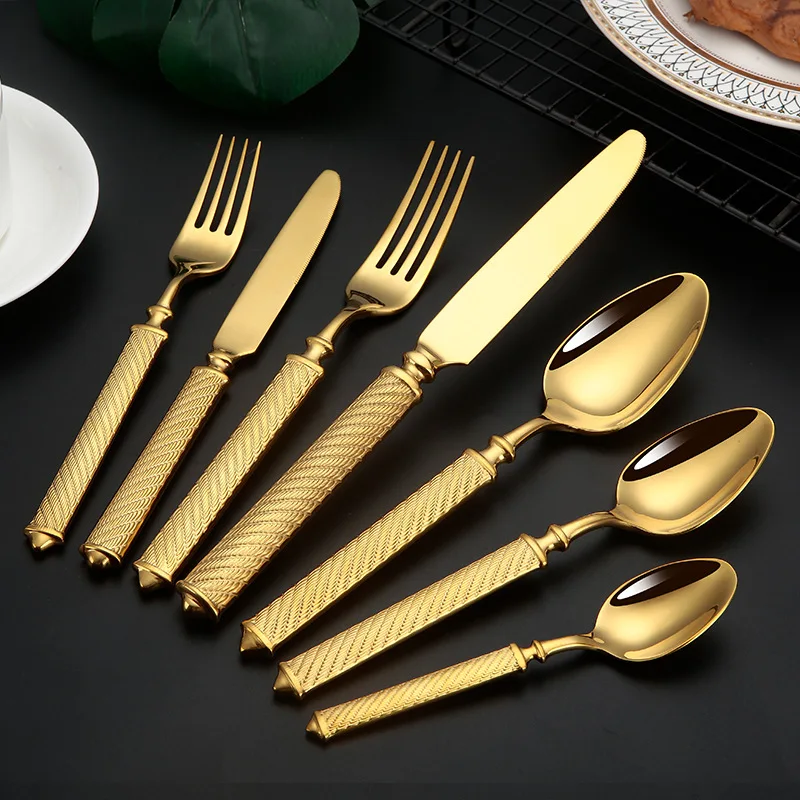 Gold Hemp Rope Pattern Stainless Steel Cutlery Sets Knife Spoon Fork Teaspoon Dessret Fork Hotel Full Tableware Table Service
Gold Hemp Rope Pattern Stainless Steel Cutlery Sets Knife Spoon Fork Teaspoon Dessret Fork Hotel Full Tableware Table Service