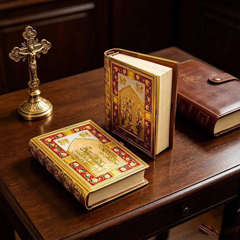 Vintage Gold Plated Orthodox Bible Cover with Enamel Holy Icons for Church Liturgy Home Altar Prayer Devotion Christian Gift Dec
Vintage Gold Plated Orthodox Bible Cover with Enamel Holy Icons for Church Liturgy Home Altar Prayer Devotion Christian Gift Dec