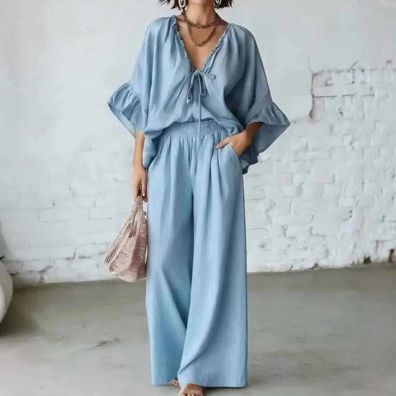 2026 New Summer Women's Long Pants Set With V-neck Ruffle Sleeves Casual Fashionable Comfortable Simple Versatile Long Pants Set
2026 New Summer Women's Long Pants Set With V-neck Ruffle Sleeves Casual Fashionable Comfortable Simple Versatile Long Pants Set