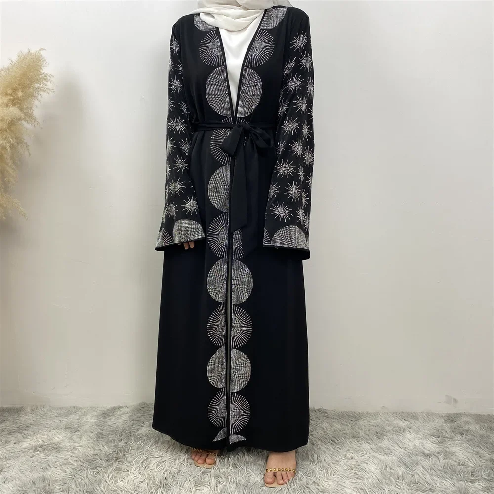 Abaya, Fashion Muslim Middle East Dubai Hot Diamond Lace-up Cardigan with Pocket Dress Abaya, Women's Black Shiny Cardigan Robe
Abaya, Fashion Muslim Middle East Dubai Hot Diamond Lace-up Cardigan with Pocket Dress Abaya, Women's Black Shiny Cardigan Robe