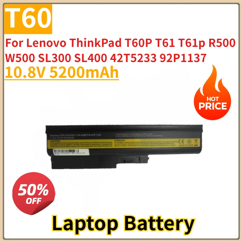 Новый сменный аккумулятор для ноутбука 10,8 В 5200 мАч T60 для Lenovo ThinkPad T60P T61 T61p R500 W500 SL300 SL400 42T5233 92P1137
Новый сменный аккумулятор для ноутбука 10,8 В 5200 мАч T60 для Lenovo ThinkPad T60P T61 T61p R500 W500 SL300 SL400 42T5233 92P1137