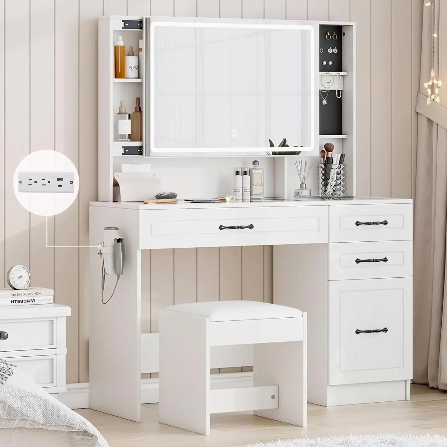 Makeup Vanity Table Set with Double Sliding & LED Lights Mirror, Large Vanity with Charging Station, Drawers & Multiple
Makeup Vanity Table Set with Double Sliding & LED Lights Mirror, Large Vanity with Charging Station, Drawers & Multiple
