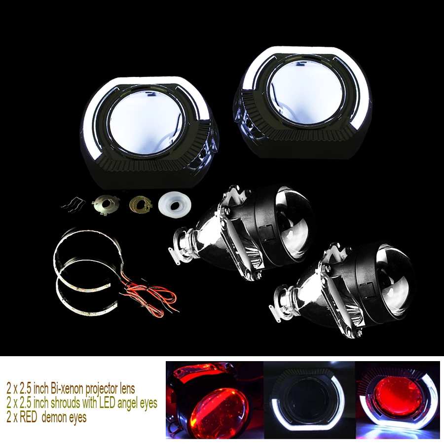 2.5 Inch Bi Xenon Lens Projector White LED Angel Eyes + Red Demon Eyes for H4 H7 Retrofit Car Assembly Kit
2.5 Inch Bi Xenon Lens Projector White LED Angel Eyes + Red Demon Eyes for H4 H7 Retrofit Car Assembly Kit