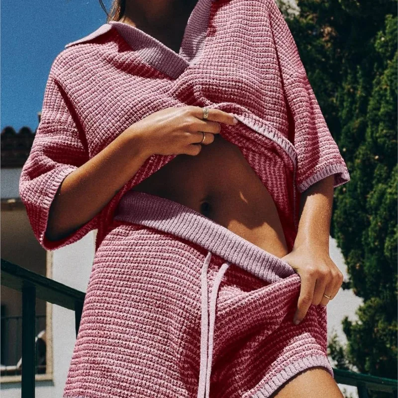 Spring Summer Beach Vacation Bohemian Women's Versatile Suit Spliced lapel Knitted Striped Top High Waist Shorts Two-piece Set
Spring Summer Beach Vacation Bohemian Women's Versatile Suit Spliced lapel Knitted Striped Top High Waist Shorts Two-piece Set