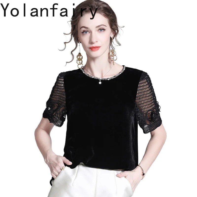 YOLANFAIRY Genuine Mulberry Silk Velvet T Shirt Women Clothing Vintage Spliced Lace Sleeves T Shirts Female Elegant Black Shirts
YOLANFAIRY Genuine Mulberry Silk Velvet T Shirt Women Clothing Vintage Spliced Lace Sleeves T Shirts Female Elegant Black Shirts