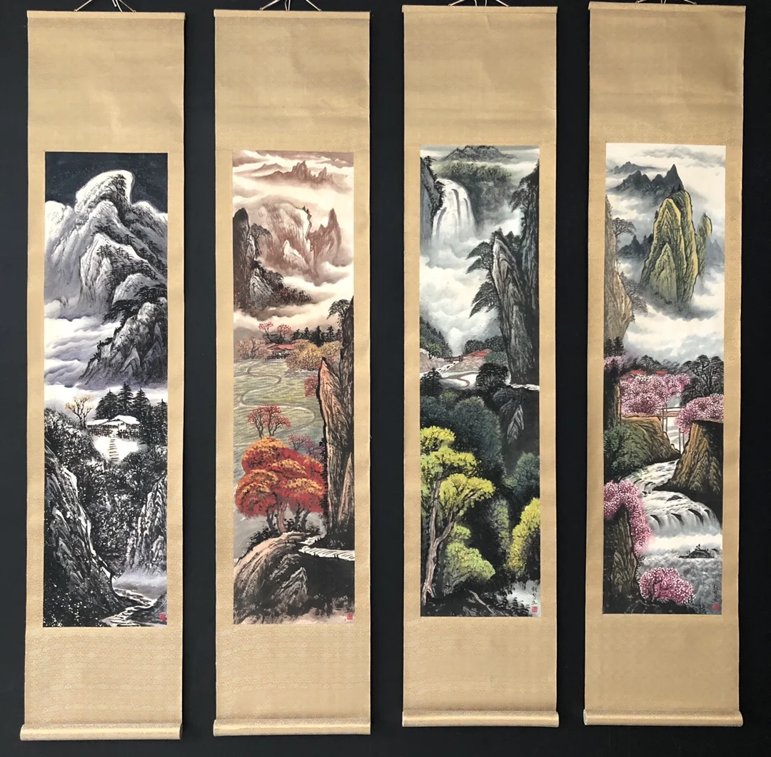 Character country quadruple silk scroll, decorated with four screens Yungu Youchuan mounted painting
Character country quadruple silk scroll, decorated with four screens Yungu Youchuan mounted painting