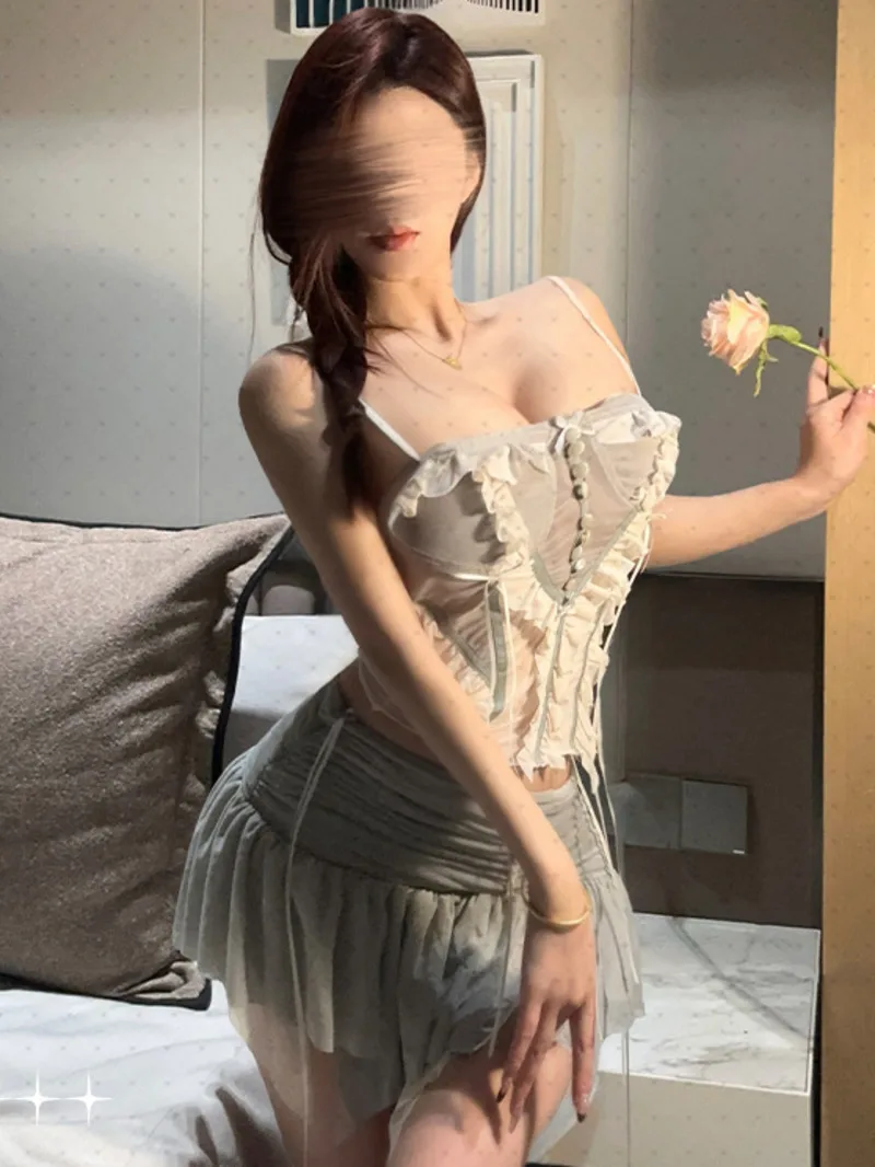 Sexy Women's Spicy Girl Outfit Fashion Ballet Style 3D Flower Gradient Lace Vest Short Two Piece Skirt Set Gray Sweet Women I2I6
Sexy Women's Spicy Girl Outfit Fashion Ballet Style 3D Flower Gradient Lace Vest Short Two Piece Skirt Set Gray Sweet Women I2I6